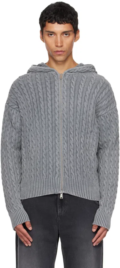COOR GRAY COTTON PIECE DYED CABLE ZIP-UP HOODIE