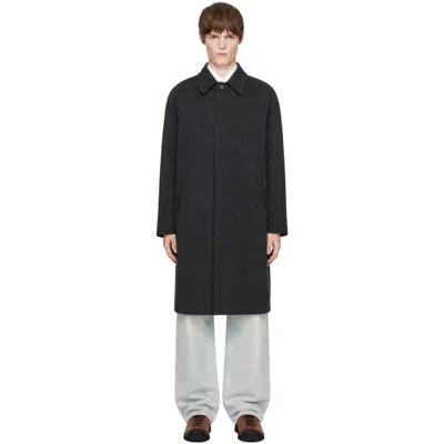 Coor Gray Round Shoulder Leather Trim Balmacaan Coat In Black