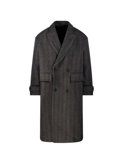 Coor Herringbone Double-breasted Coat In Brown
