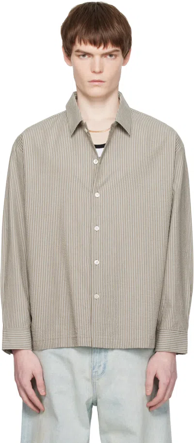 Coor Khaki Stripe Cotton Lounge Shirt In Metallic