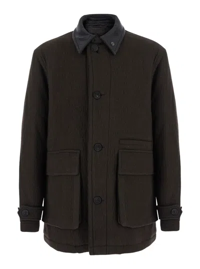 Coor Leather Patchwork Trimming Jacket With Classic Collar And Long Sleeves In Brown