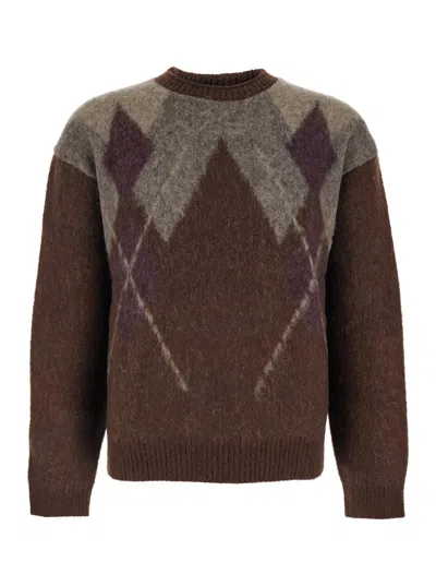 Coor Men's Crewneck Sweater With All-over Argyle Motif In Wool Blend In Brown