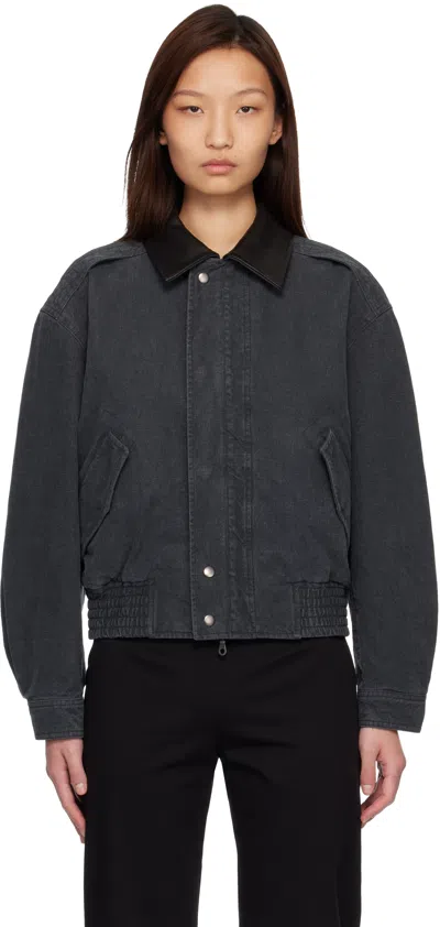 Coor Navy Leather Collar Washed Cationized Bomber Jacket In Blue