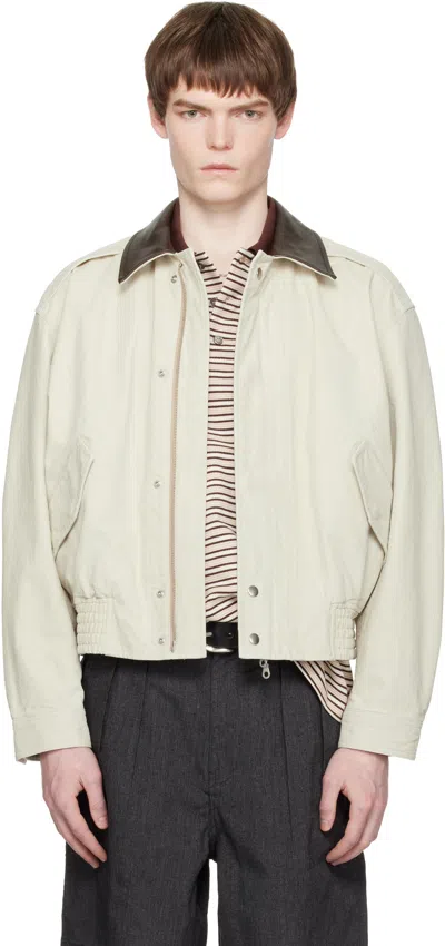 Coor Off-white Leather Collar Washed Cationized Bomber Jacket In Neutral
