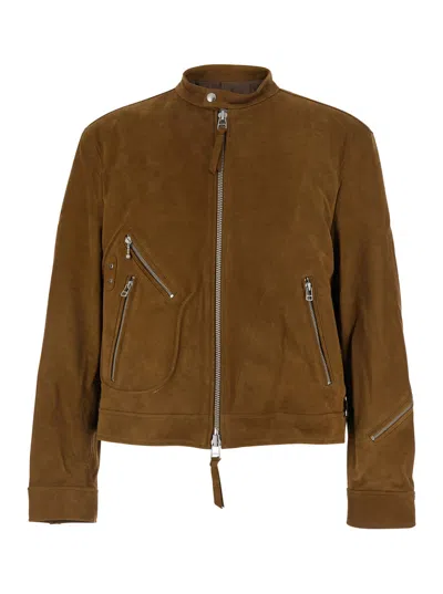 Coor Suede Stand-up Collar Jacket With Front Zip Pockets In Brown