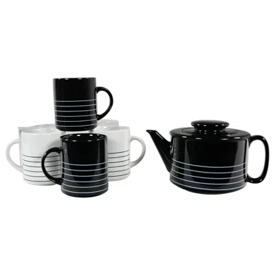 Pre-owned Copco 1982 Modern  Black & White Glazed Ceramic Teapot & 4 Mugs By Sam Lebowitz