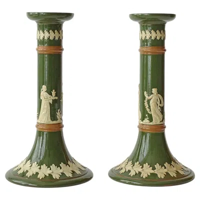 Pre-owned Copeland Spode Copeland Late Spode Green Jasperware Pair Of Candlesticks, England Ca. 1891
