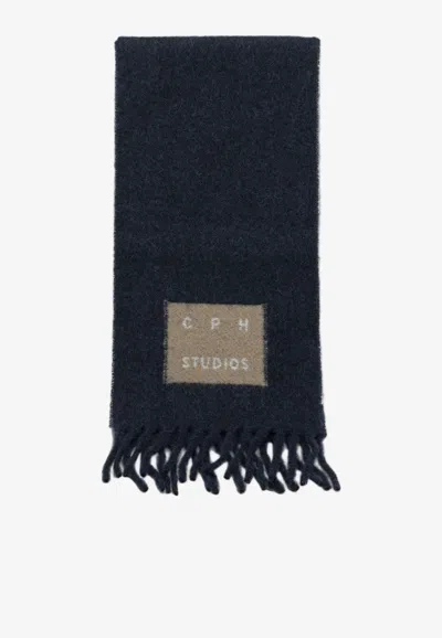 Copenhagen Logo-patch Fringed Wool Shawl In Blue