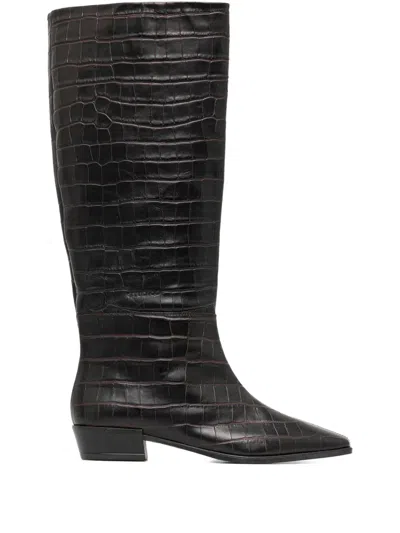 Copenhagen Pointed-toe Crocodile-effect Knee-high Boots In Black