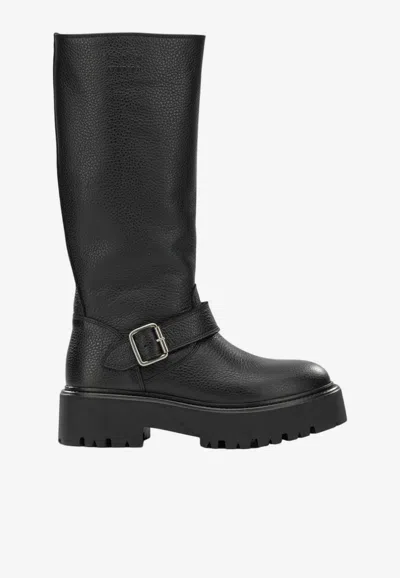 Copenhagen Studios Knee-high Buckled Boots In Grained Leather With Lug Sole In Black