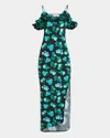 Coperni Apple-print Ruffle Off-the-shoulder Midi Dress In Print-blue