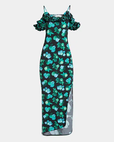 COPERNI APPLE-PRINT RUFFLE OFF-THE-SHOULDER MIDI DRESS