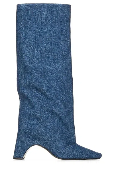 Coperni Arched Block Heel Denim Boots In Blue