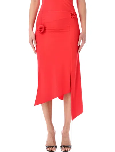 Coperni Asymmetric Draped Midi Skirt With Floral Accents In Red