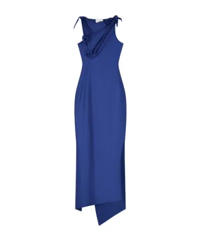 Coperni Asymmetric Floral Dress In Blue