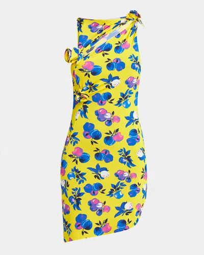 Coperni Asymmetric Flower Cutout Mini Dress In Print-yellow