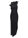 Coperni Long Black Asymmetric Dress With Roses Applications In Stretch Polyamide Woman In Black
