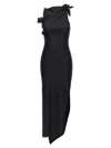 Coperni Long Black Asymmetric Dress With Roses Applications In Stretch Polyamide Woman In Black