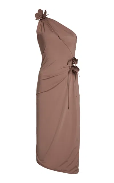 Coperni Asymmetric Flower Midi Gown In Brown