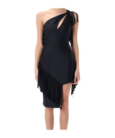 Coperni Asymmetric Fringed Mini Dress In Black