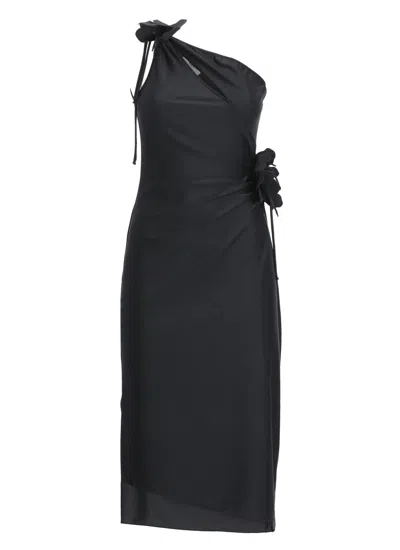Coperni Asymmetric One-shoulder Mini Dress With Floral Embellishments In Black