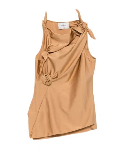 Coperni Asymmetric Rose-embellished Knotted Blouse In Brown