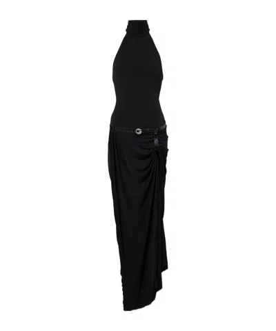 Coperni Belted Asymmetric Draped Halterneck Maxi Dress In Blue