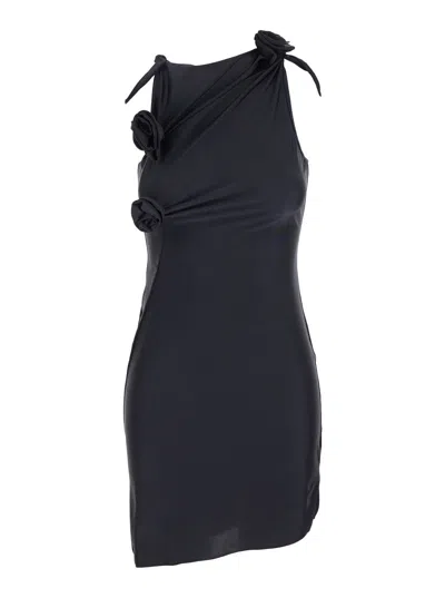 Coperni Black Asymmetric Sleeveless Mini Dress With Floral Detail And Cut-out On The Front In Tech Fabric St