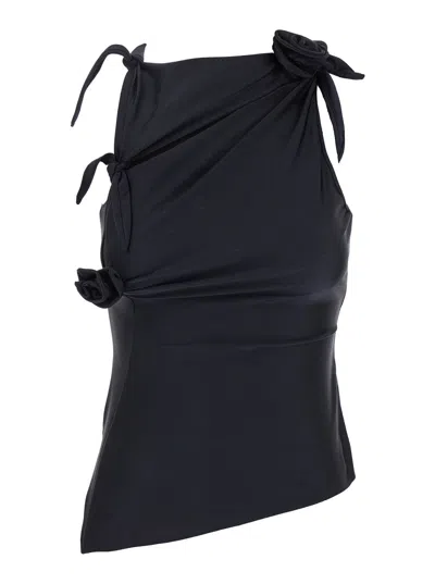 Coperni Black Asymmetric Sleeveless Top With Floral Detail And Cut-out On The Front In Tech Fabric S