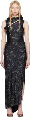 Coperni Black Crystal-embellished Asymmetric Flower Maxi Dress