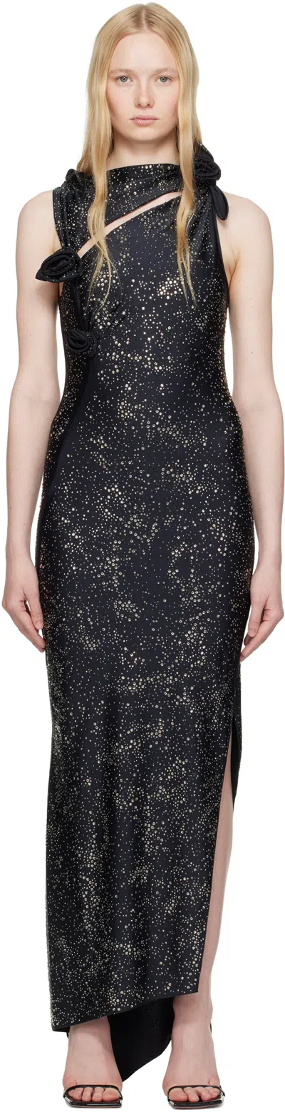 Coperni Black Crystal-embellished Asymmetric Flower Maxi Dress