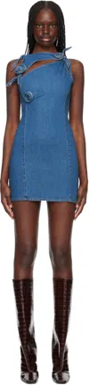 Coperni Blue Asymmetric Sleeveless Mini Dress With Cut-out Detail And Floral Patches In Blue Vintage