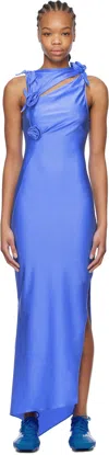 Coperni Asymmetrical Floral Applique Midi Dress In Blue