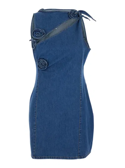 Coperni Blue Asymmetric Sleeveless Mini Dress With Cut-out Detail And Floral Patches In Denim Woman In Multicolor