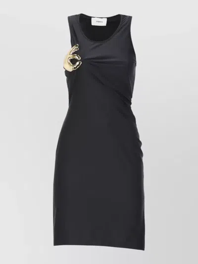 Coperni Fitted Black Mini Dress With Gold Metallic Hand Pin In Animal Print