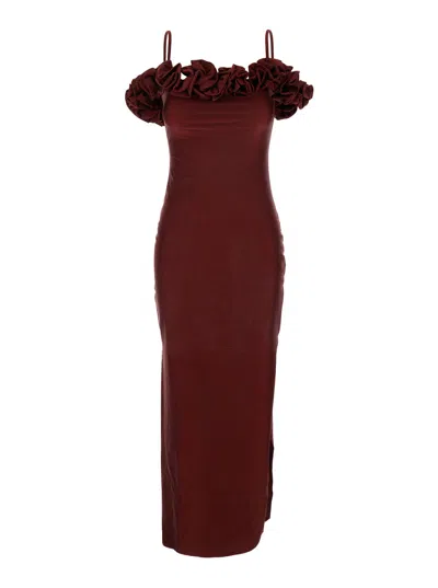 Coperni Bordeaux Long Dress With Ruched Details And Spaghetti Straps In Jersey Stretch Woman In Multicolor