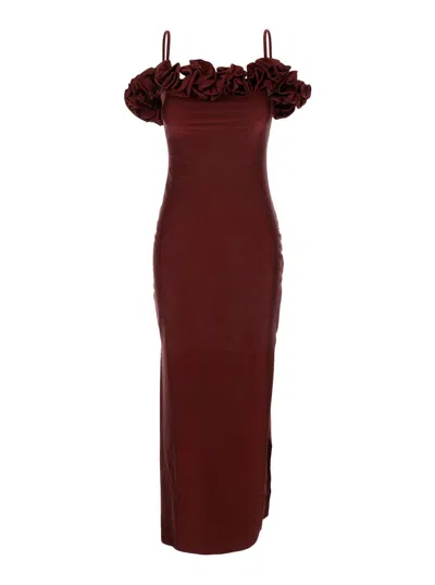 Coperni Bordeaux Long Dress With Ruched Details And Spaghetti Straps In Jersey Stretch Woman In Red