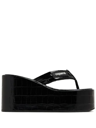 Coperni Crocodile Embossed Wedge Sandals In Black