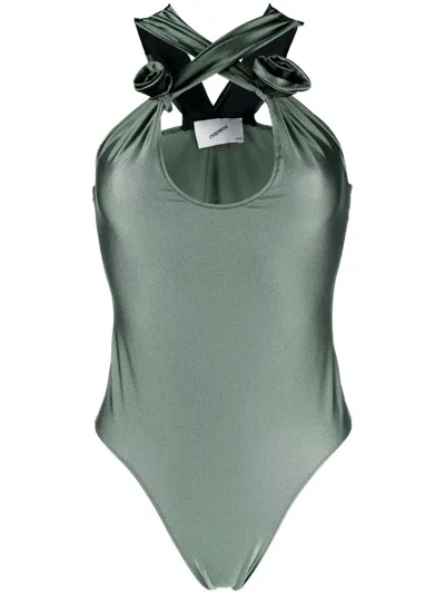 Coperni Crossover Flower-detail Bodysuit In Sage