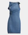 Coperni Denim Asymmetrical Flower Mini Dress In Blue