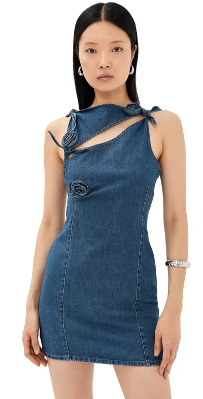 Coperni Blue Asymmetric Sleeveless Mini Dress With Cut-out Detail And Floral Patches In Denim Woman
