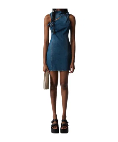 Denim Asymmetrical Flower Mini Dress In Blue from SHOP SIMON