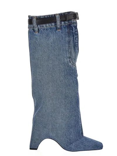 Coperni Bridge Buckled Leather-trimmed Denim Knee Boots In Blue