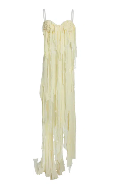 Coperni Distressed Flower Mesh Dress In Yellow