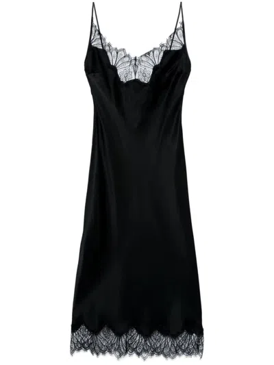 Coperni Satin Lace Trim Sweetheart Neck Dress In Black