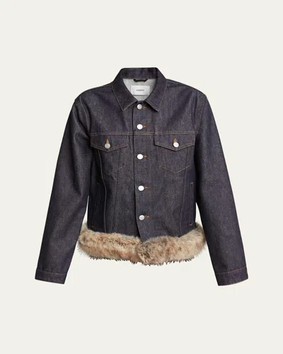 Coperni Faux Fur Hem Denim Jacket In Brown-blue Raw