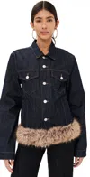 Coperni Faux Fur Hem Denim Jacket Brown/blue Raw In Brown/blue Raw
