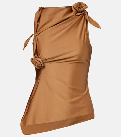 Coperni Rosette Cutout Asymmetric Stretch Jersey Top In Brown