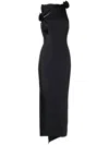 Coperni Long Black Asymmetric Dress With Roses Applications In Stretch Polyamide Woman In 黑色