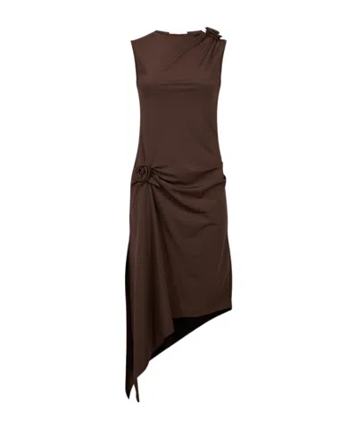 Coperni Asymmetric Draped Sleeveless Boat Neck Midi Dress In Brown